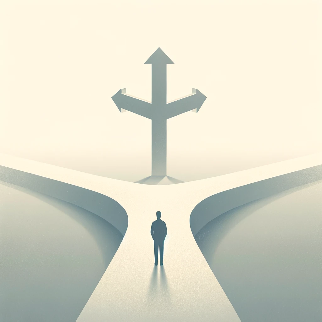 An abstract representation of a person at a crossroads with three distinct paths.