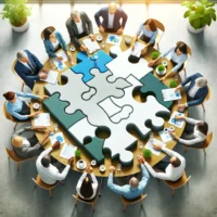 Gruppe diverser Menschen arbeitet gemeinsam an einem Puzzletisch, symbolisiert Einheit und Kooperation.